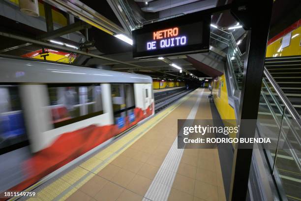 Train of Quito's Metro Line 1 arrives at the San Francisco subway station in downtown Quito, during testing and fine-tuning of the system, on...