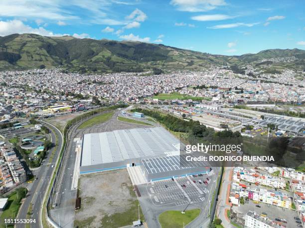 Aerial view of the railway tracks leading to the garage and maintenance and repair facility of Quito's Metro Line 1 near the southermost subway...