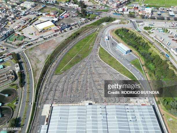 Aerial view of the railway tracks leading to the garage and maintenance and repair facility of Quito's Metro Line 1 near the southermost subway...