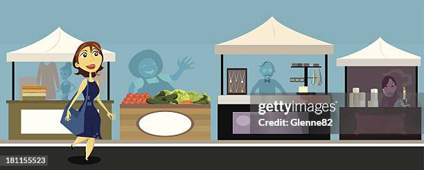 woman shopping at outdoor market - snack stand stock illustrations