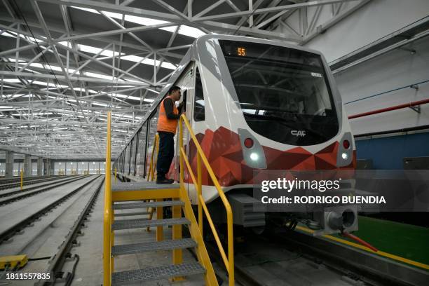 Train of Quito's Metro arrives at the garage near the Line 1 southermost subway station, Quitumbe, in Quito, during testing and fine-tuning of the...