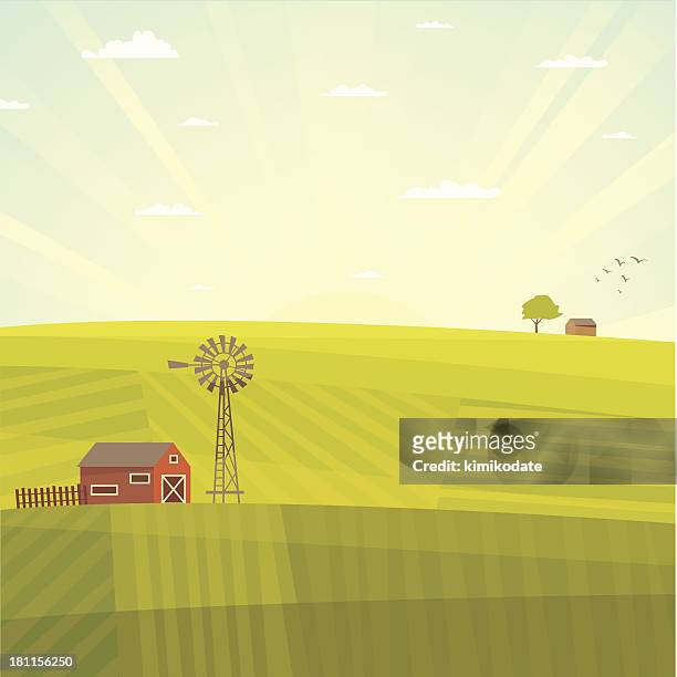 illustrazioni stock, clip art, cartoni animati e icone di tendenza di estate paesaggio campo - fattoria