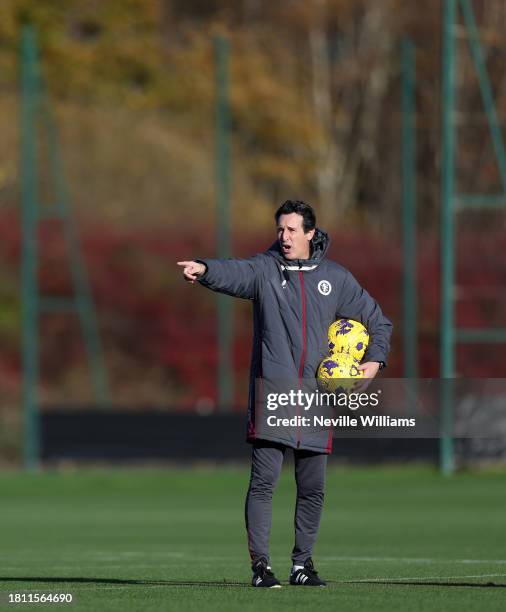 Unai Emery head coach of Aston Villa in action during a training session at Bodymoor Heath training ground on November 23, 2023 in Birmingham,...