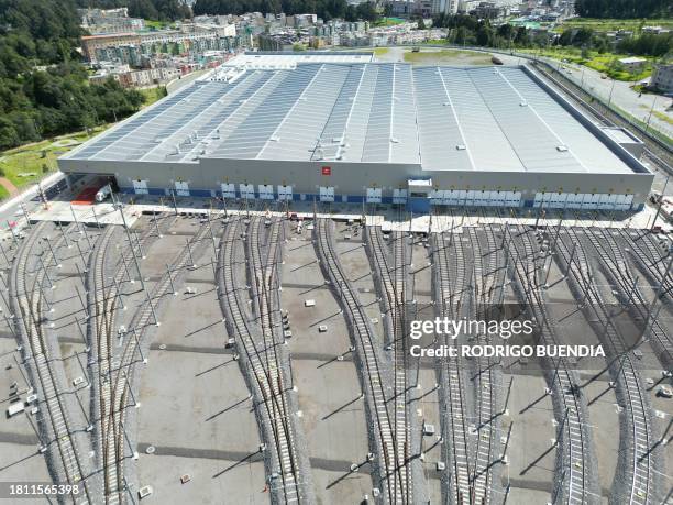 Aerial view of the railway tracks leading to the garage and maintenance and repair facility of Quito's Metro Line 1 near the southermost subway...