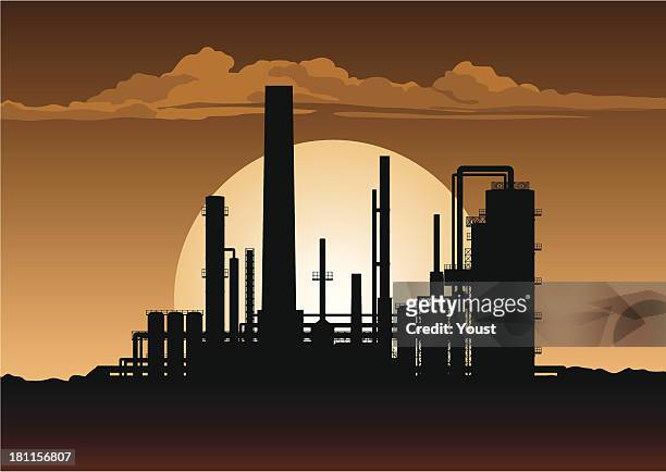 oil refinery at night - food processing plant stock illustrations