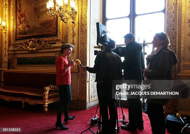 French Junior Minister for the Elderly and Disabled Michele Delaunay speaks to journalists before a session of questions to the government at the...