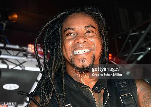 Singer Lajon Witherspoon of Sevendust performs at Hard Rock Live Las Vegas as the band tours in support of the album "Black Out the Sun" on September...