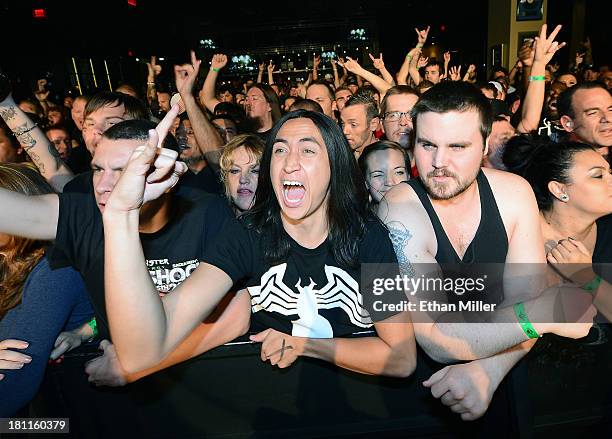 Fans including Justin Estocado of Nevada react as Sevendust performs at Hard Rock Live Las Vegas as the band tours in support of the album "Black Out...