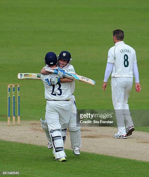 Durham batsmen Will Smith and Mark Stoneman celebrate after winning the LV County Championship Division One title after day three of the LV County...