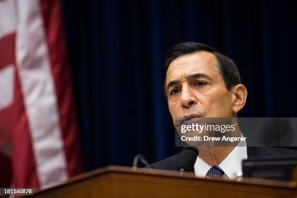 Committee Chairman Darrell Issa delivers his opening statements at the start of a House Oversight Committee hearing entitled 'Reviews of the Benghazi...