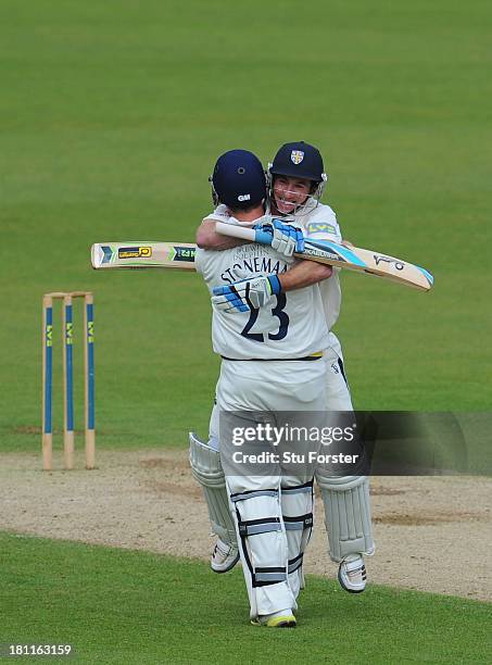 Durham batsmen Will Smith and Mark Stoneman celebrate after winning the LV County Championship Division One title after day three of the LV County...