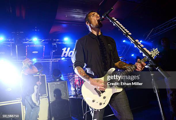 Guitarist Clint Lowery of Sevendust performs at Hard Rock Live Las Vegas as the band tours in support of the album "Black Out the Sun" on September...