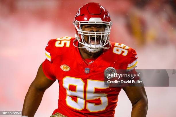 Chris Jones of the Kansas City Chiefs runs on the field during pregame introductions prior to the game against the Philadelphia Eagles at GEHA Field...
