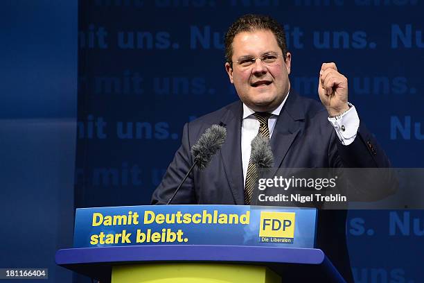 German Free Democrats secretary general Patrick Doering speaks at a party's election campaign on September 19, 2013 in Hanover, Germany. Germany...