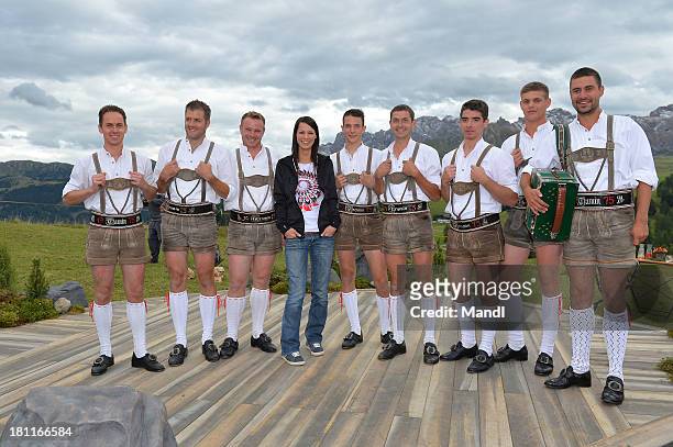 Christina Stuermer poses for media after the recording of the TV Show 'ZDF Fernsehgarten' at Seiser Alm near Kastelruth on September 18, 2013 in...