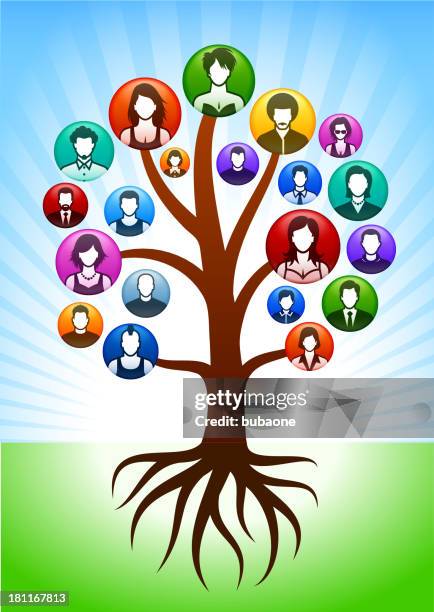 ilustraciones, imágenes clip art, dibujos animados e iconos de stock de los rostros, de árbol familiar y personas ascendencia - árbol genealógico