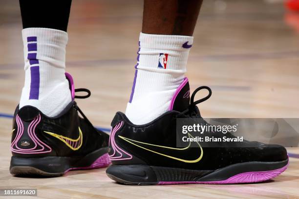 The sneakers worn by LeBron James of the Los Angeles Lakers during the game against the Detroit Pistons on November 29, 2023 at Little Caesars Arena...