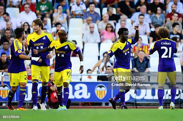 Wilfried Bony of Swansea City celebrates after scoring the opening goal during the UEFA Europa League Group A match between Valencia CF and Swansea...