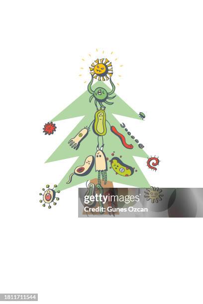 virus christmas tree - cute virus, germ, bacteria doodles - covid holidays - happy holidays with corona virus - sad christmas tree stock illustrations