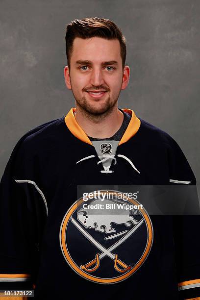 Jhonas Enroth of the Buffalo Sabres poses for his official headshot for the 2013-2014 season on September 11, 2013 at the First Niagara Center in...