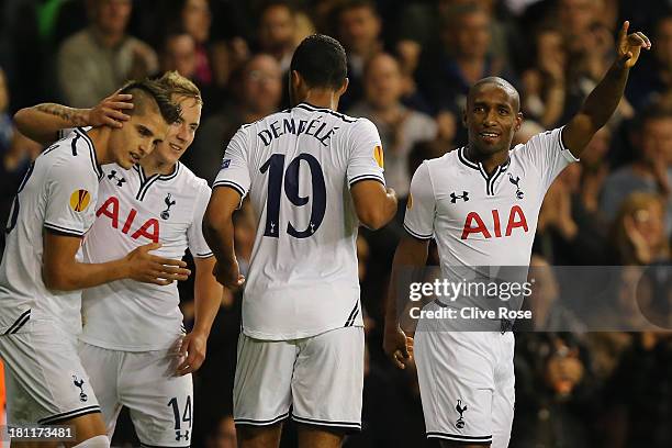 Jermain Defoe of Spurs celebrates scoring the opening goal during the UEFA Europa League Group K match between Tottenham Hotspur FC and Tromso IL at...