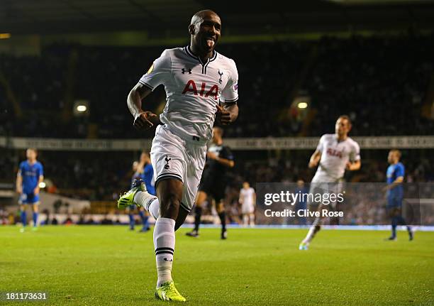 Jermain Defoe of Spurs celebrates scoring their second goal during the UEFA Europa League Group K match between Tottenham Hotspur FC and Tromso IL at...