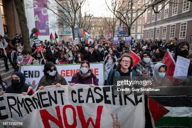 Students from several Universities walk out and gather at SOAS to demand a permanent ceasefire on November 24, 2023 in London, England. People across...