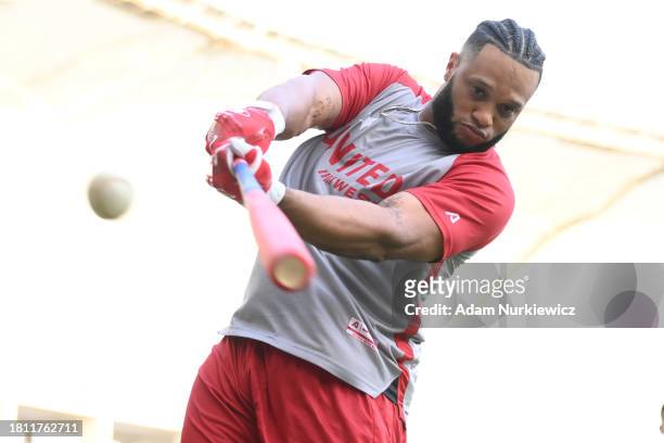 Robinson Cano of the United West All-Stars warms up prior to the Baseball United Showcase between the West All-Stars v East All-Stars at Dubai...
