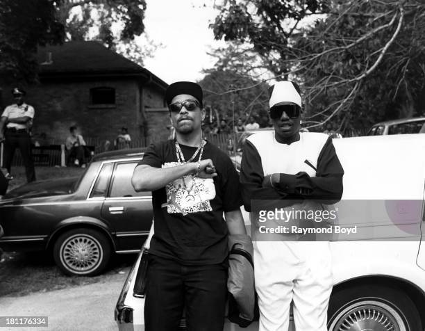 Rappers Ice-T and Kool Moe Dee poses for photos backstage after performing during ‘No Crime Day’ in Washington Park in Chicago, Illinois in June 1990.