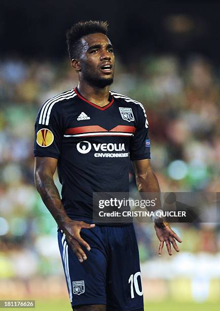 Lyon's French forward Alexandre Lacazette reacts during the UEFA Europa League football match Real Betis vs Olympique Lyonnais at the Benito...