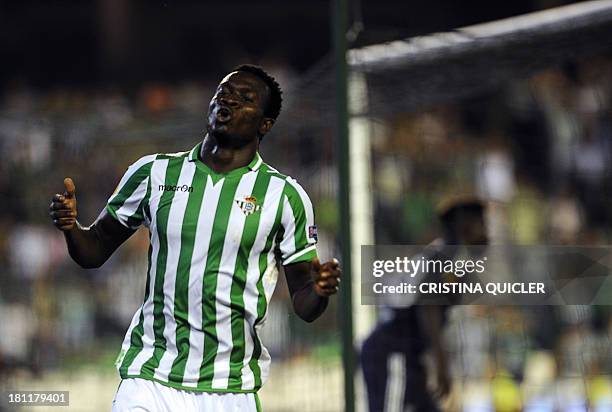 Betis' Nigerian midfielder Nosa Igiebor reacts during the UEFA Europa League football match Real Betis vs Olympique Lyonnais at the Benito Villamarin...