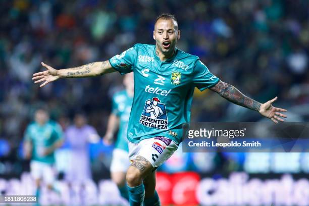 Nicolas Lopez of Leon celebrates after scoring the team's second goal during the quarterfinals first leg match between Leon and America as part of...
