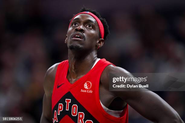 Pascal Siakam of the Toronto Raptors looks on in the third quarter against the Indiana Pacers at Gainbridge Fieldhouse on November 22, 2023 in...