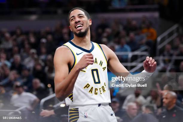 Tyrese Haliburton of the Indiana Pacers reacts in the first quarter against the Toronto Raptors at Gainbridge Fieldhouse on November 22, 2023 in...
