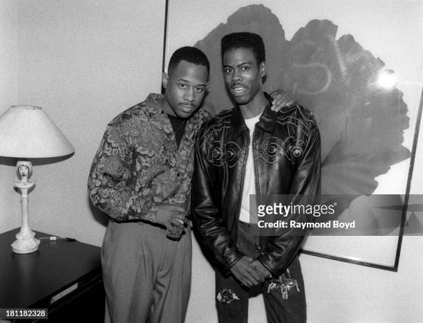 Comedians and actors Martin Lawrence and Chris Rock poses for photos backstage at the Park West Theater in Chicago, Illinois in March 1991.