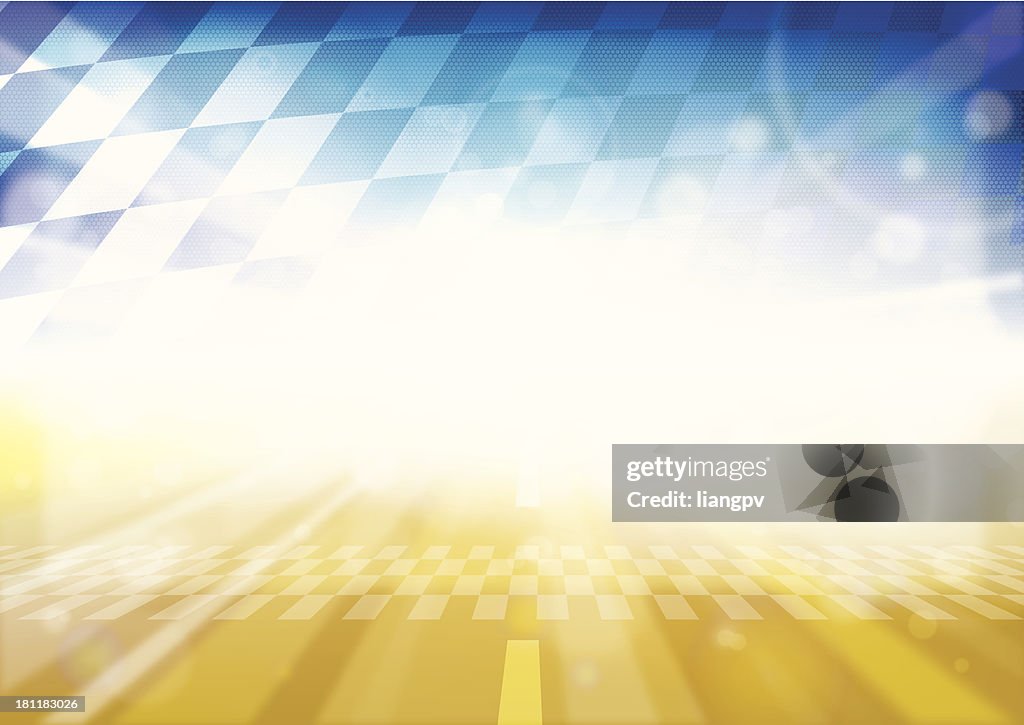 Yellow open-wheel single-seater racing car racetrack and blue checkered flag background