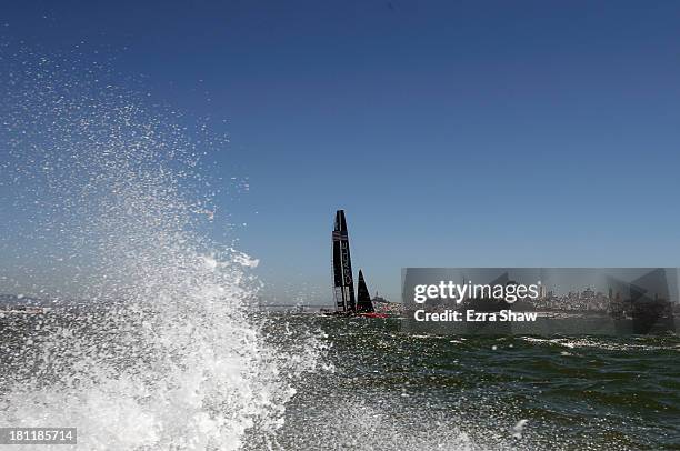 Oracle Team USA skippered by James Spithill practices after race 12 against Emirates Team New Zealand in the America's Cup Finals on September 19,...