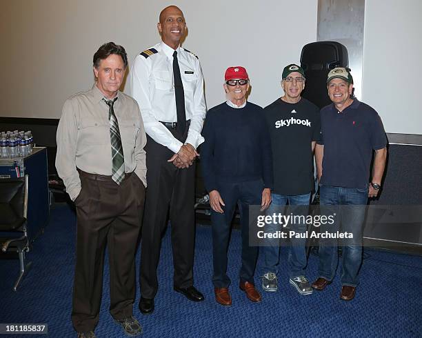 Robert Hays, Kareem Abdul-Jabbar, Jim Abrahams, Jerry Zucker and David Zucker attend the "Airplane!" 30th anniversary reunion press announcement at...