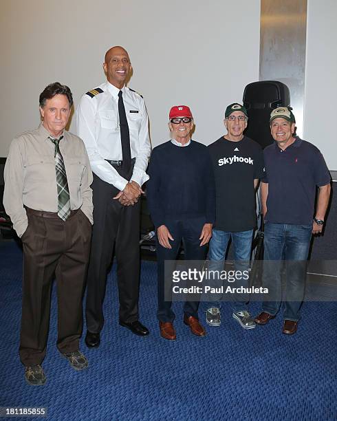 Robert Hays, Kareem Abdul-Jabbar, Jim Abrahams, Jerry Zucker and David Zucker attend the "Airplane!" 30th anniversary reunion press announcement at...