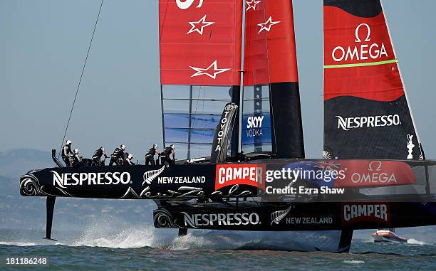 Emirates Team New Zealand skippered by Dean Barker in action against Oracle Team USA skippered by James Spithill during race 12 of the America's Cup...