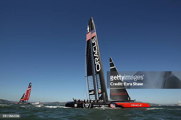 Oracle Team USA skippered by James Spithill practices after race 12 against Emirates Team New Zealand in the America's Cup Finals on September 19,...