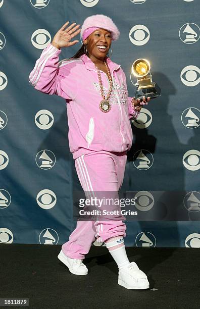 Winner for Best Female Rap Solo Performance, Missy Elliot, poses backstage during the 45th Annual Grammy Awards at the Madison Square Garden on...