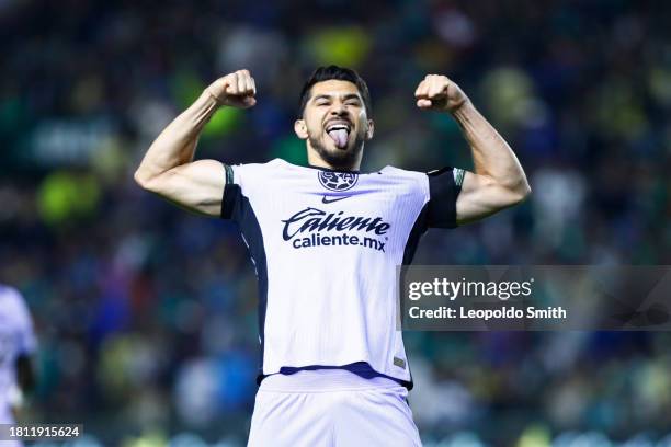 Henry Martin of America celebrates after scoring the team's second goal during the quarterfinals first leg match between Leon and America as part of...