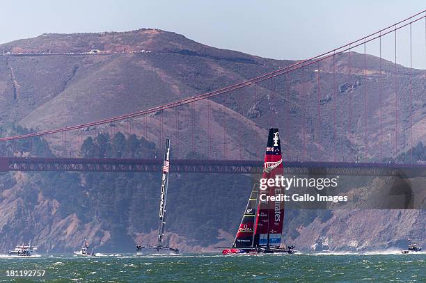 Skippered by James Spithill and Emirates Team New Zealand skippered Dean Barker Sailed in AC 72s carbon catamarans during day 9 of the America's Cup...