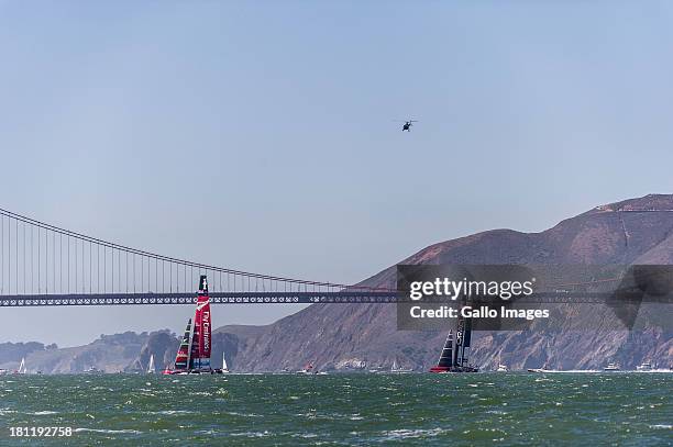 Skippered by James Spithill and Emirates Team New Zealand skippered Dean Barker Sailed in AC 72s carbon catamarans during day 9 of the America's Cup...