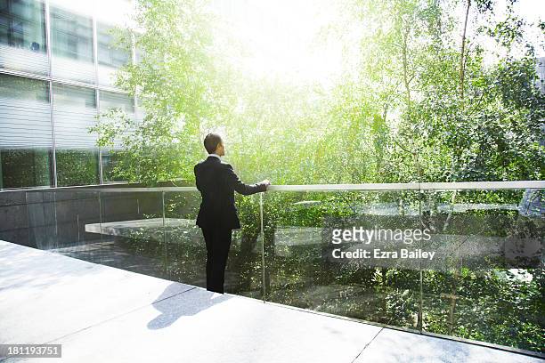 businessman thinking about green energy. - ballustrade stockfoto's en -beelden
