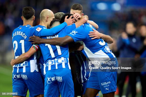 Samu Omorodion of Deportivo Alaves celebrates with his teammates after scoring his team's first goal during the LaLiga EA Sports match between...