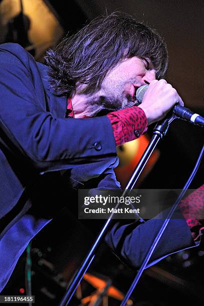 Bobby Gillespie of Primal Scream performs as part of the Absolute Radio Sessions at Hard Rock Cafe, Old Park Lane on September 19, 2013 in London,...