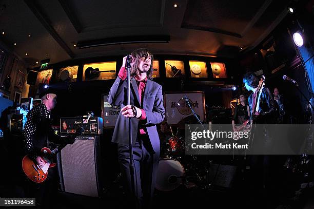 Bobby Gillespie of Primal Scream performs as part of the Absolute Radio Sessions at Hard Rock Cafe, Old Park Lane on September 19, 2013 in London,...