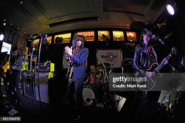 Bobby Gillespie of Primal Scream performs as part of the Absolute Radio Sessions at Hard Rock Cafe, Old Park Lane on September 19, 2013 in London,...